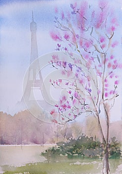 Beautiful handpainted watercolor Paris landscape