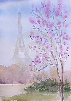 Beautiful handpainted watercolor Paris landscape photo
