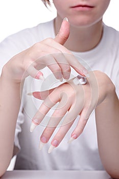 Beautiful hands girl on white background. Beautiful hands of young woman white background.