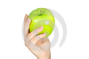 In beautiful hands a green apple , Isolated on white background