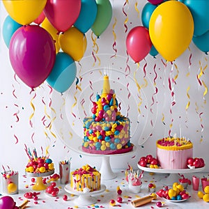 Beautiful happy birthday Background With Balloons, cake with candles by Ai generated