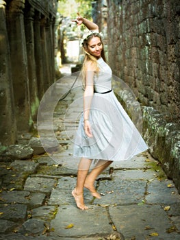 Beautiful, Happy Caucasian Woman Dancing Barefoot in Magical Fairytale Satting