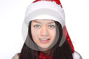 Beautiful happy Christmas woman in front of a white background