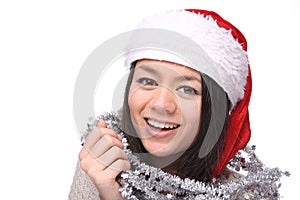 Beautiful happy Christmas woman in front of a white background