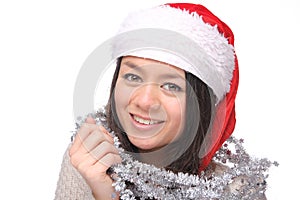 Beautiful happy Christmas woman in front of a white background