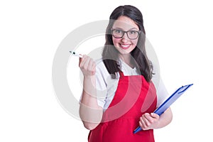 Beautiful happy clerk holding clipboard