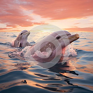 Beautiful, Happy Dolphins in the Ocean in Sunset