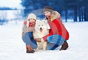 Beautiful happy family, mother and son walking with white Samoyed dog outdoors in the park on a winter day