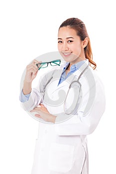 Beautiful happy female doctor with glasses.