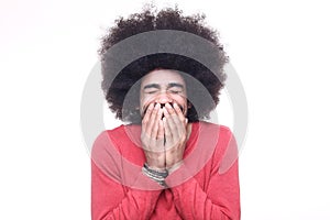 Beautiful happy funky afro man posing in front of a background