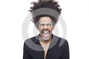 Beautiful happy funky afro man posing in front of a background