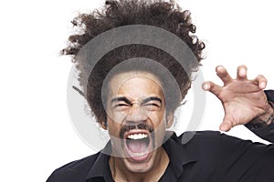 Beautiful happy funky afro man posing in front of a background