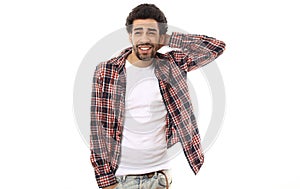 Beautiful happy funky afro man posing in front of a background