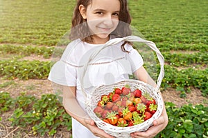 Beautiful happy girl holding basket with red strawberries.