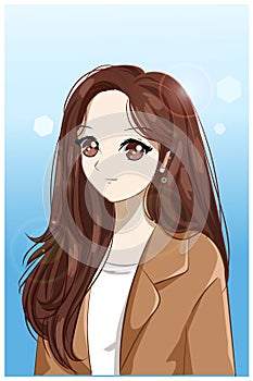Beautiful and happy girl long hair with suit cartoon illustration