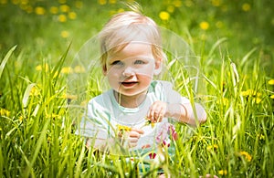 Beautiful happy little baby girl sitting on a green meadow with yellow flowers dandelions