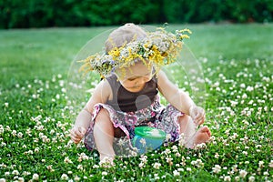 Beautiful happy little baby girl in a wreath on a meadow on the nature