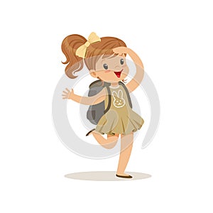 Beautiful happy little girl in scout costume with backpack, outdoor camp activity vector Illustration