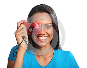 Beautiful happy mixed race woman taking photos