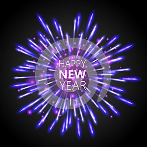 Beautiful Happy New Year greeting card with white and purple glittering fireworks