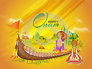 Beautiful Happy Onam festival poster or banner design with illustration of illustration of Kathakali dancer.