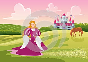Beautiful happy princess or lady holding flowers, walking in meadow landscape near castle