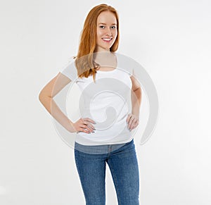 Beautiful happy red hair girl in white t-shirt isolated. Pretty smile red head woman in tshirt mock up, blank