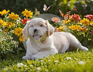 Beautiful happy reddish havanese puppy dog is sitting in Garden on sunny day, Generative AI
