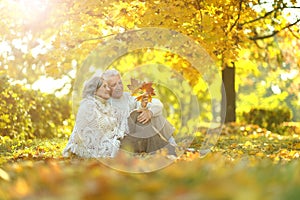 Beautiful happy senior couple relaxing in park with autumn leaves