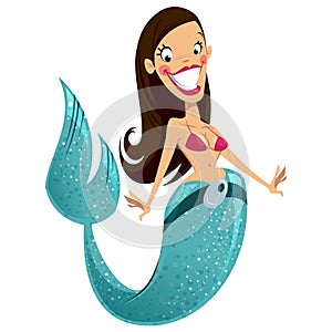 Beautiful happy smiling brunette cartoon mermaid