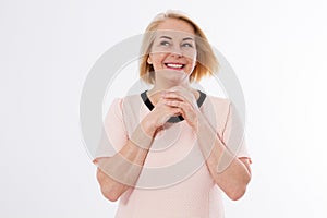 Beautiful happy smiling middle aged woman copy space