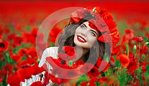 Beautiful happy smiling teen girl portrait with red flowers on h