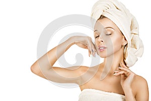 Beautiful Happy Spa Girl Isolated on a White Background. Touching her Face. Happy Woman after Bath with Clean Perfect