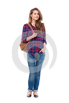 Beautiful happy student posing on white background.