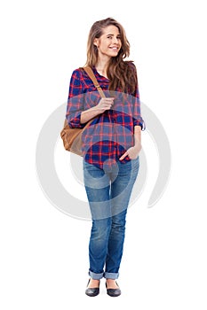 Beautiful happy student posing on white background.