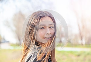 Beautiful happy sunshine girl teenager asian european mixed race with long hair portrait