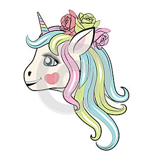 Beautiful HAPPY unicorn head with roses. Can be used for baby t-shirt print