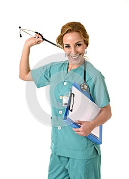 Beautiful and happy woman md emergency doctor or nurse posing smiling cheerful