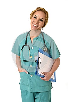 Beautiful and happy woman md emergency doctor or nurse posing smiling cheerful