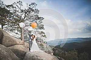 Beautiful happy young wedding couple posing on a background of rock cliff