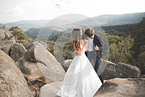 Beautiful happy young wedding couple posing on a background of rock cliff