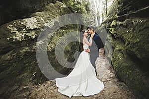 Beautiful happy young wedding couple posing on a background of rock cliff