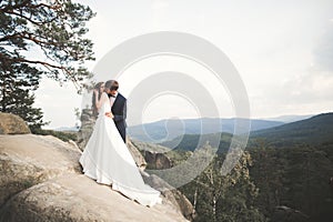 Beautiful happy young wedding couple posing on a background of rock cliff