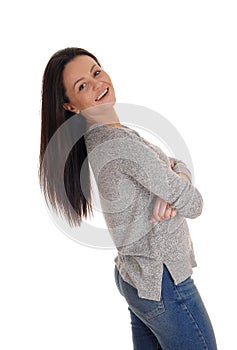 Beautiful happy young woman bending backwards