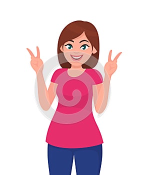 Beautiful happy young woman showing/gesturing victory/v or peace sign. Human emotion and body language concept illustration.