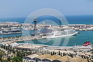 Cruise ship docked at a harbor in Barcelona, Spain