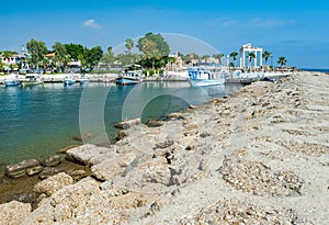 Beautiful harbour with boats in Side resort town at sunset - Antalya, Turkey