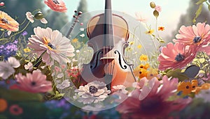 A Beautiful Harmony of Many Blooming Flowers in a Violin. Generative AI