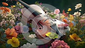 A Beautiful Harmony of Many Blooming Flowers in a Violin. Generative AI