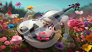 A Beautiful Harmony of Many Blooming Flowers in a Violin. Generative AI